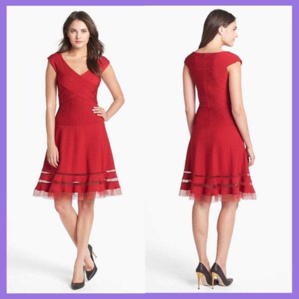 NWT Tadashi Shoji Red V-Neck Trim Fit & Flare Dress Sz PXS